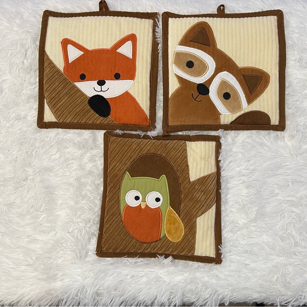 Lambs and Ivy 3 piece  Woodland Forest Fabric Plush Wall Hanging Owl Fox Racoon